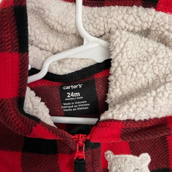 CARTERS Sz 24 Month Red Black Buffalo Plaid Hooded Zip Up Sleeper One Piece - Picture 4 of 7